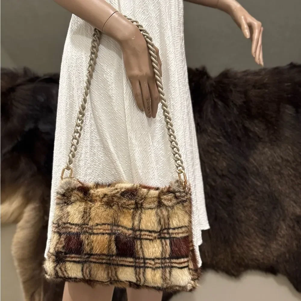 Plaid Print Real Muskrat Fur Handmade Slouchy Bag/Shoulder Bag/Crossbody